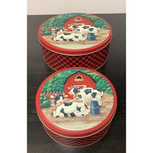 Set Of 2 Vintage Cookie Tins Containers Two Cows By Barn Farm